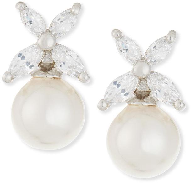 Mariage - Majorica 8mm Round Pearl & Marquis CZ Crystal Earrings