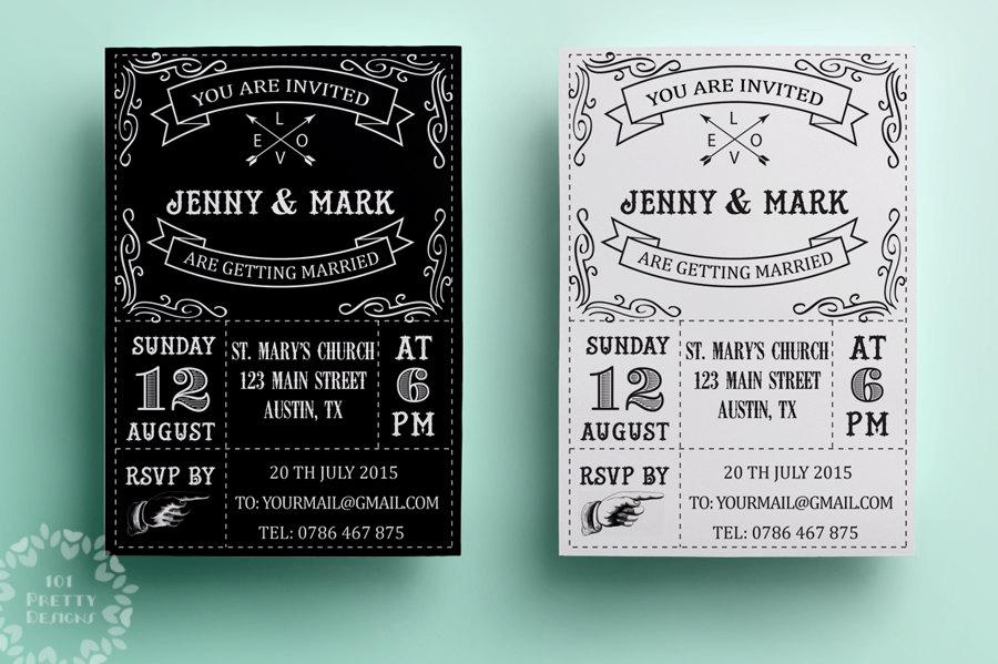 Свадьба - Retro wedding invitation template, printable wedding invitation design, black and white, vintage wedding invite design, typographic card