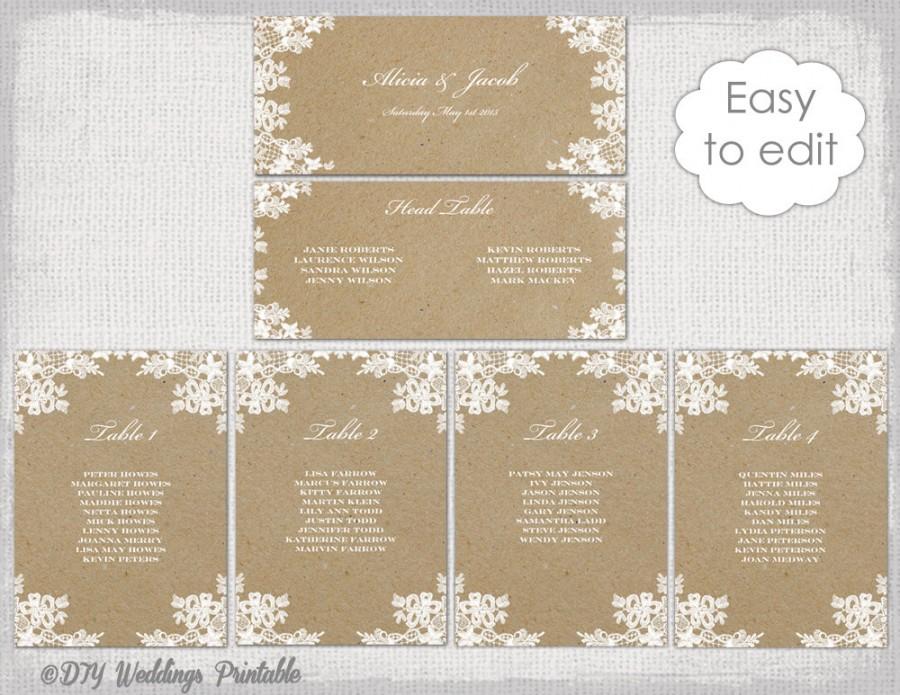 Свадьба - Seating chart template "Rustic Lace" printable seating chart cards DIY kraft wedding table plan YOU EDIT Word instant Download