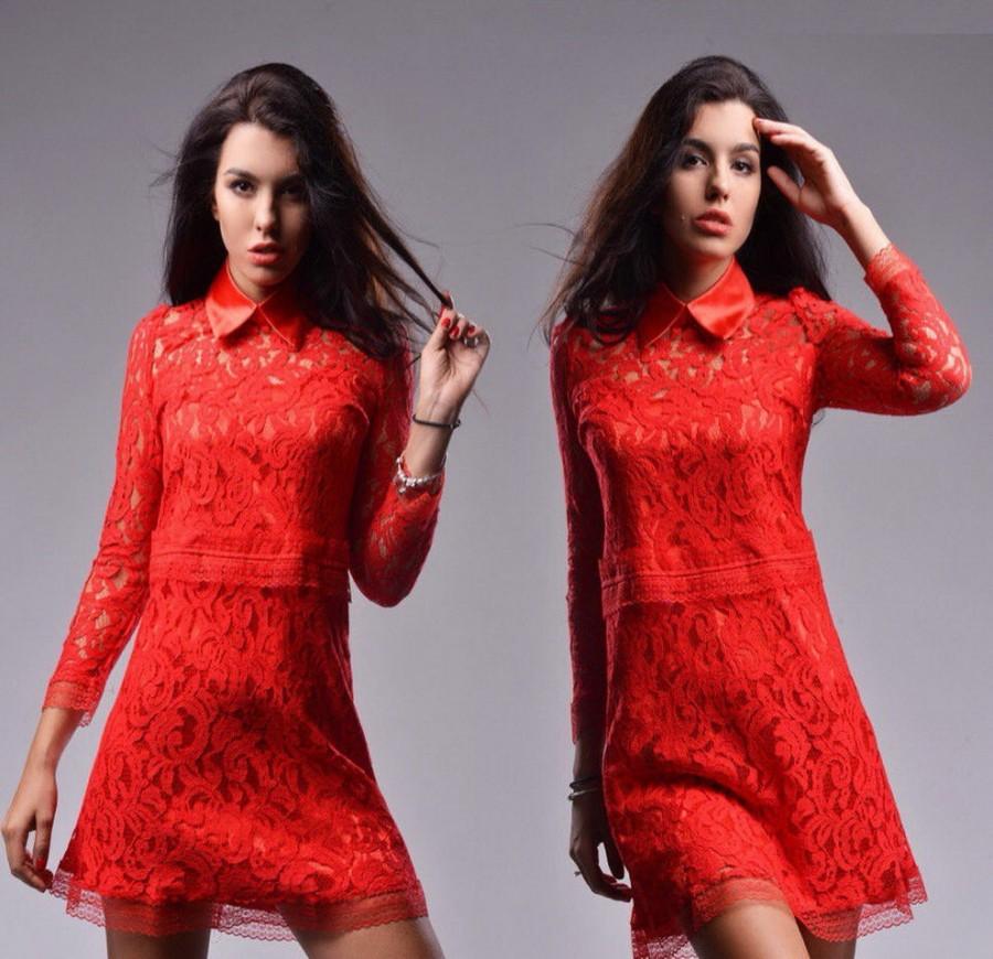 Mariage - Lace dress Red bridesmaid dress prom Short lace bodycon dress Romantic dress for dates Dress for the wedding event.