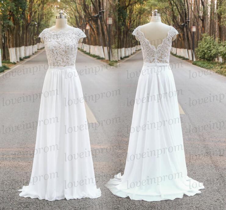 زفاف - 2016 New Scoop Neck Long Lace Wedding Dress Handmade Lace Chiffon V-Back Wedding Gowns/Ivory Lace Bridal Dress,Beach Wedding Dress