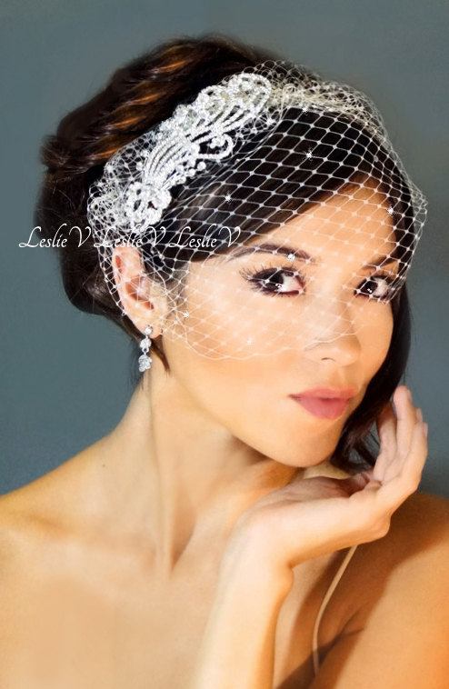 Wedding - Leslie Li Monica Style Crystal Bridal Birdcage Veil with Crystal Comb