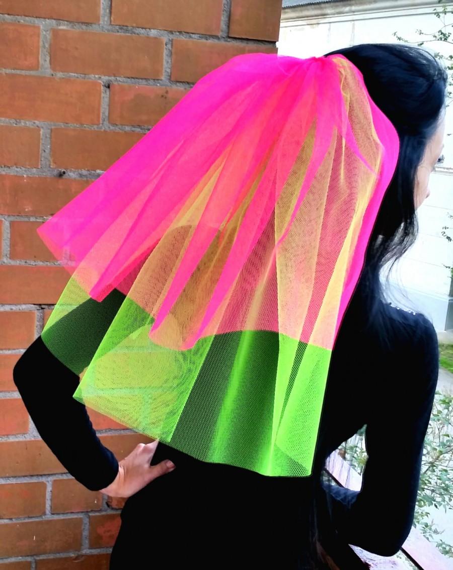 Wedding - Bachelorette party Veil Bright 2-tier neon green and hot pink veil, middle length. Bachelorette veil, wedding veil, hens party veil