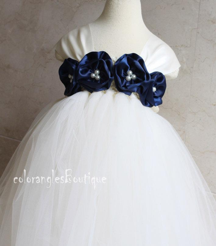 Mariage - Flower Girl Dress Ivory Navy tutu dress baby dress toddler birthday dress wedding dress 1T 2T 3T 4T 5T 6T