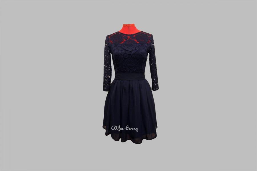 Mariage - Knee lenght navy blue bridesmaid dress with sleeves Lace navy dress Lace and chiffon bridesmaid dress Navy blue prom dress Lace prom dress