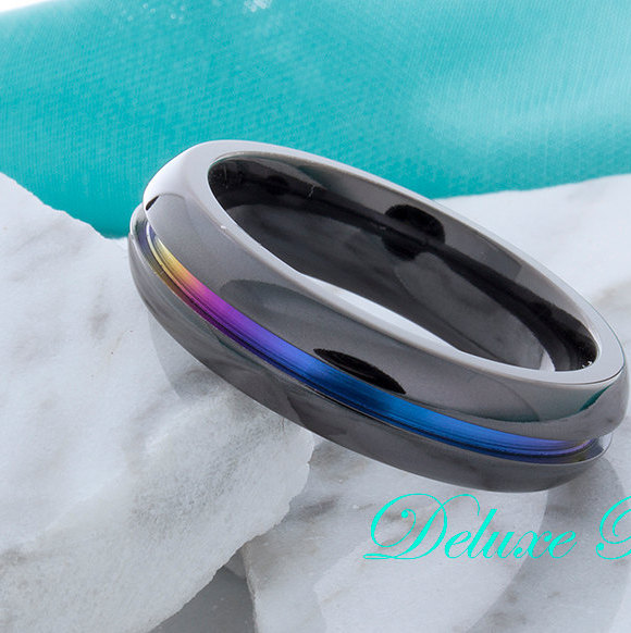 Свадьба - Black Titanium Ring 6mm Blue Anodized Rainbow Dome Anniversary Promise Engagement Mens Womens His Hers Wedding Band FREE Laser Engraving