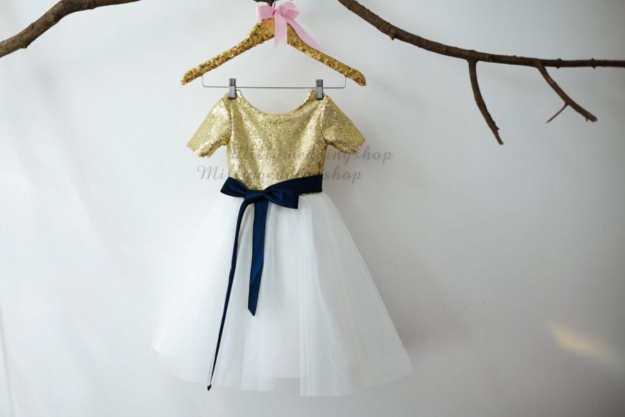 Hochzeit - Short Sleeves Gold Sequin Ivory Tulle Flower Girl Dress Junior Bridesmaid Wedding Party Dress with navy blue sash M0011