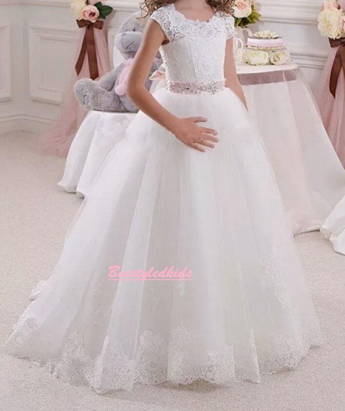 Hochzeit - Elegant Dreamy Flower Girl Wedding Floor Length Lace and Gown Avail in White or Ivory