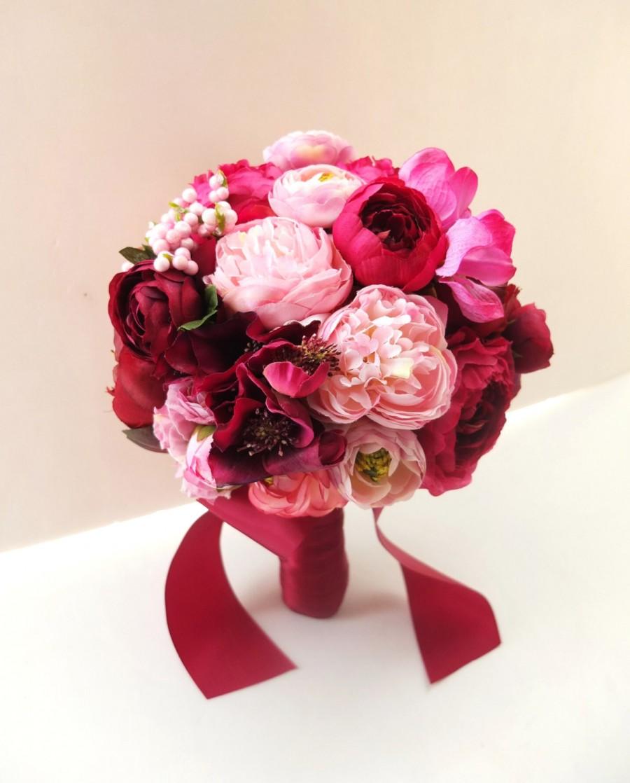 Hochzeit - Red Peony and Ranunculus Bouquet, Bridal Bouquet, Wedding Bouquet, bridesmaid bouquet, Red Bouquet
