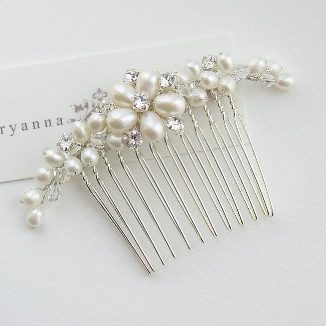زفاف - Dainty Crystal Rhinestone And Freshwater Pearl Flower Bridal Hair Comb, Wedding Hair Comb