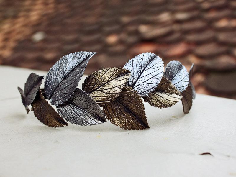 زفاف - gold and silver leafs headband, handmade by polymer clay, country sweet girl