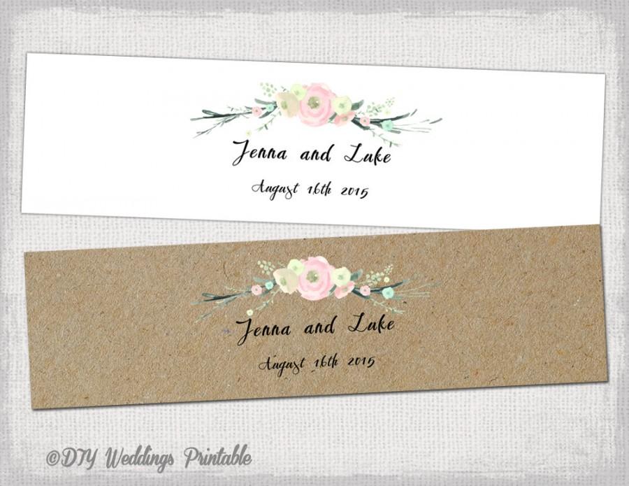 Wedding - Rustic Water bottle label template DIY Pink "Rustic Flowers" digital printable labels kraft and white design YOU EDIT Word instant download