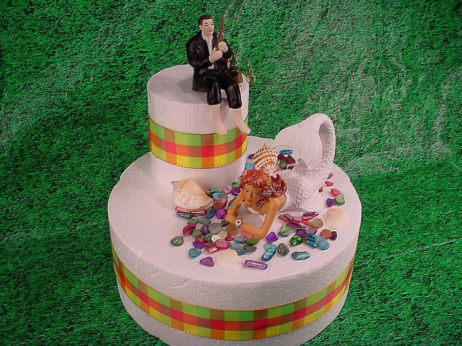 زفاف - Fisherman Groom Hooked on Love and Mermaid Bride Fun Fishing Wedding Cake Topper-Mr Love Mrs Ocean Destination Bling Custom Beach Weddings