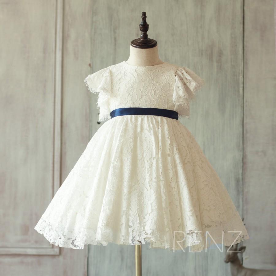 Mariage - 2016 Off White Lace Junior Bridesmaid Dress, Ruffle Sleeve Flower Girl Dress, A Line Baby Blue Dress Knee Length (FK318)