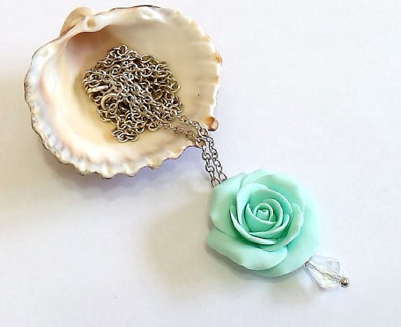 Свадьба - Mint green rose, and Crystal Swarovski centered Necklaces, mint green flower necklace, mint Rose necklace, Wedding Jewelry Gift