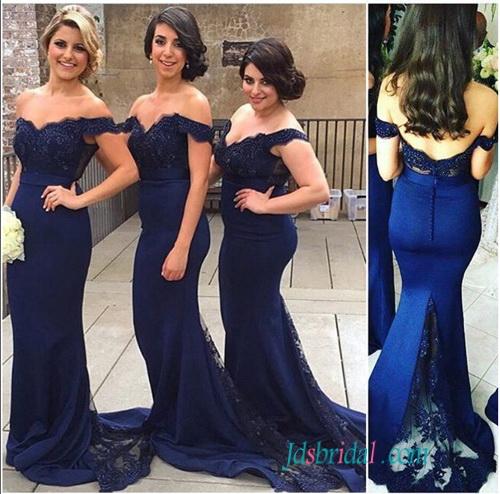 Mariage - PD16074 Navy blue lace off shoulder sheath prom bridesmaid dress