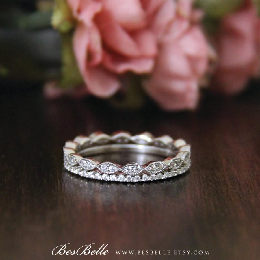 زفاف - Silver Art Deco Eternity Ring Sets-0.92 ct.tw Pave Set Diamond Simulants-Doule All Around Stones Eternity Ring-Sterling Silver