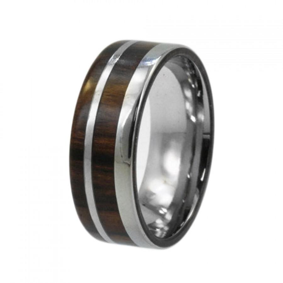 زفاف - Titanium Wedding Ring with Ironwood Wood and Titanium pinstripe inlay, Ring Armor Included
