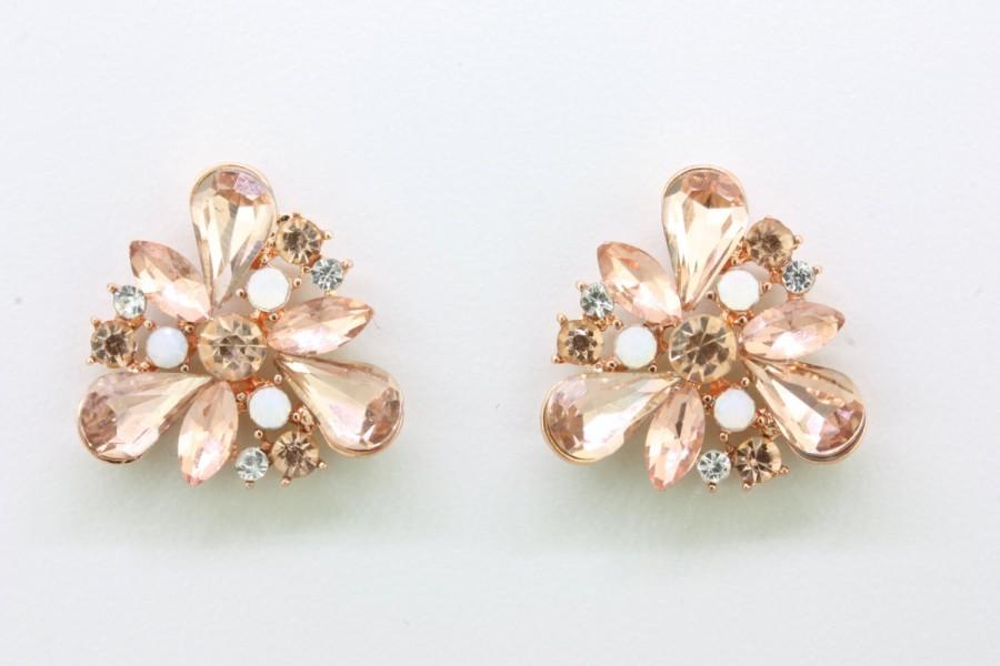 Wedding - Rose Gold White Opal Crystal Earrings,Bridal Earrings,Blush Peach Pink Flower Stud Post Earrings,Bridesmaid Wedding Earrings Jewelry Gift