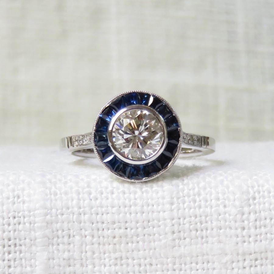 Hochzeit - Stunning 2.75 Carat Art Deco Style Diamond Engagement Ring with Sapphire Halo in 14k Gold