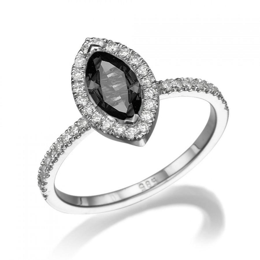 Свадьба - Black Diamond Ring, 14K White Gold Ring, Cushion Halo Ring, 1.3 TCW Black Diamond Engagement Ring, Marquise Ring, Unique Rings