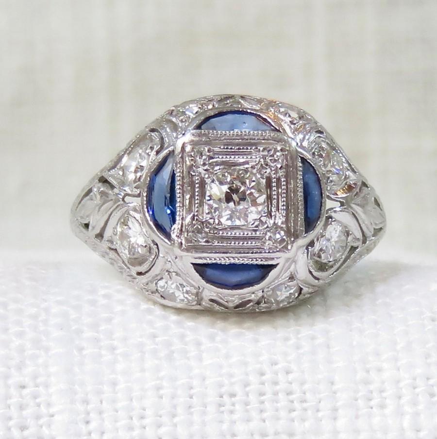 زفاف - Art Deco Platinum Diamond and Blue Sapphire Engagement Ring 1.05 Carats