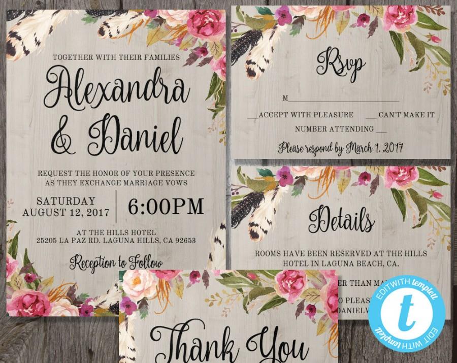 Hochzeit - Printable Boho Wedding Invitation Template Set + RSVP + Details + Bonus Thank You Card - Instant Download - Edit in Our Web App - Boho Chic