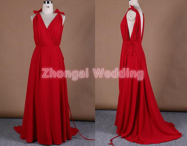 زفاف - V-neck evening dress, long bridesmaid dress, special designed dress, red dress, front and back panel removable, bows on shoulders, V back