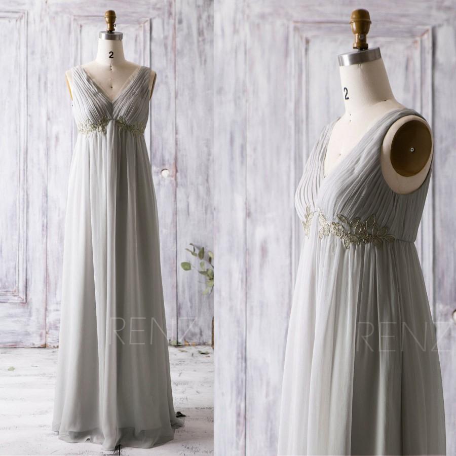 Wedding - 2016 Light Grey Bridesmaid Dress with Gold Lace, V Neck Wedding Dress, Empire Waist Prom Dress, V Back Long Chiffon Dress Floor Length(Z052)