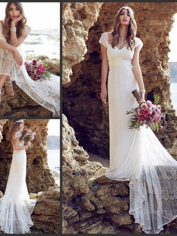 Mariage - Cap Sleeves Low Back Boho Lace Wedding Dress