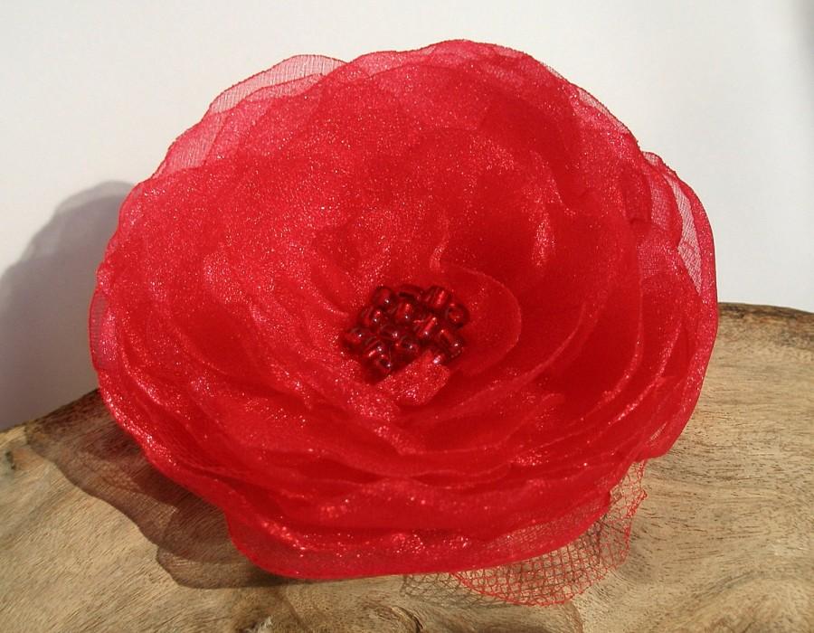 Свадьба - Romantic Red Organza Flower Pin Or Hair Clip