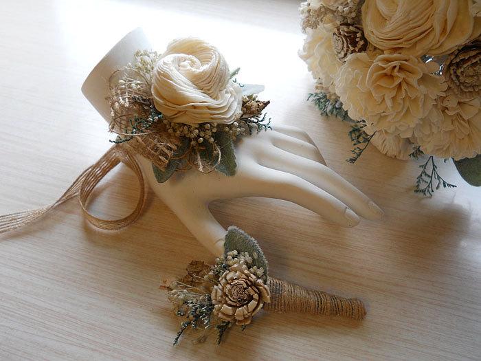 Свадьба - Rustic Woodland Wrist Corsage and/or Boutonniere, Rustic, Country, Bohemian, Woodland, Style Weddings. Made to Order.