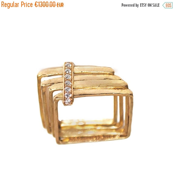 زفاف - SALE 20% OFF Square ring 18kt yellow gold and diamonds pave - modern wedding ring - contemporary wedding band