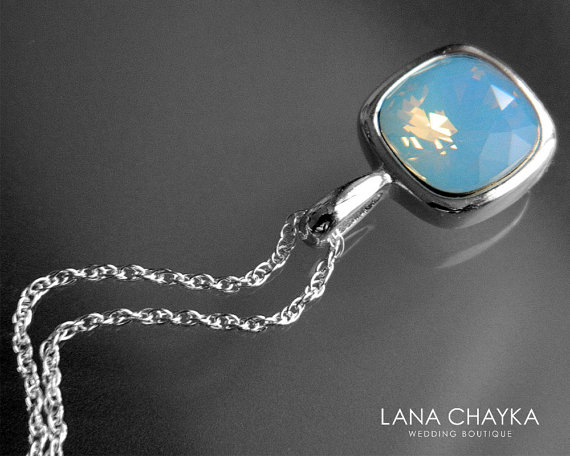 Hochzeit - Air Blue Opal Crystal Necklace Swarovski Blue Opal Rhinestone Necklace Bridesmaids Necklace Wedding Bridal Jewelry Air Blue Opal Jewelry