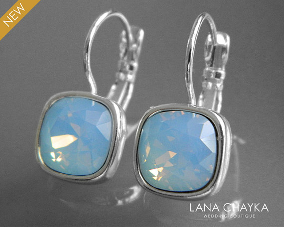 Mariage - Air Blue Opal Crystal Earrings Swarovski Blue Opal Rhinestone Earrings Bridesmaid Jewelry Bridal Party Jewelry Leverback Blue Opal Earrings