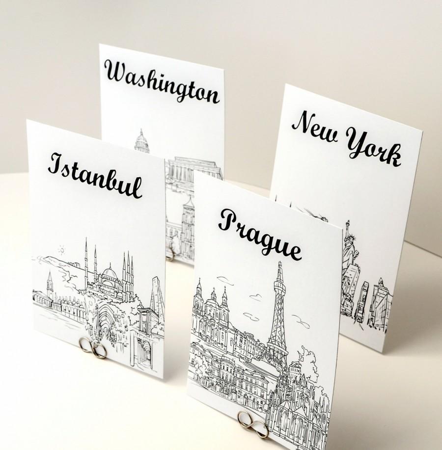 Wedding - World Travel Theme Table Number Cards - Black and White Sketches of Cities of the World