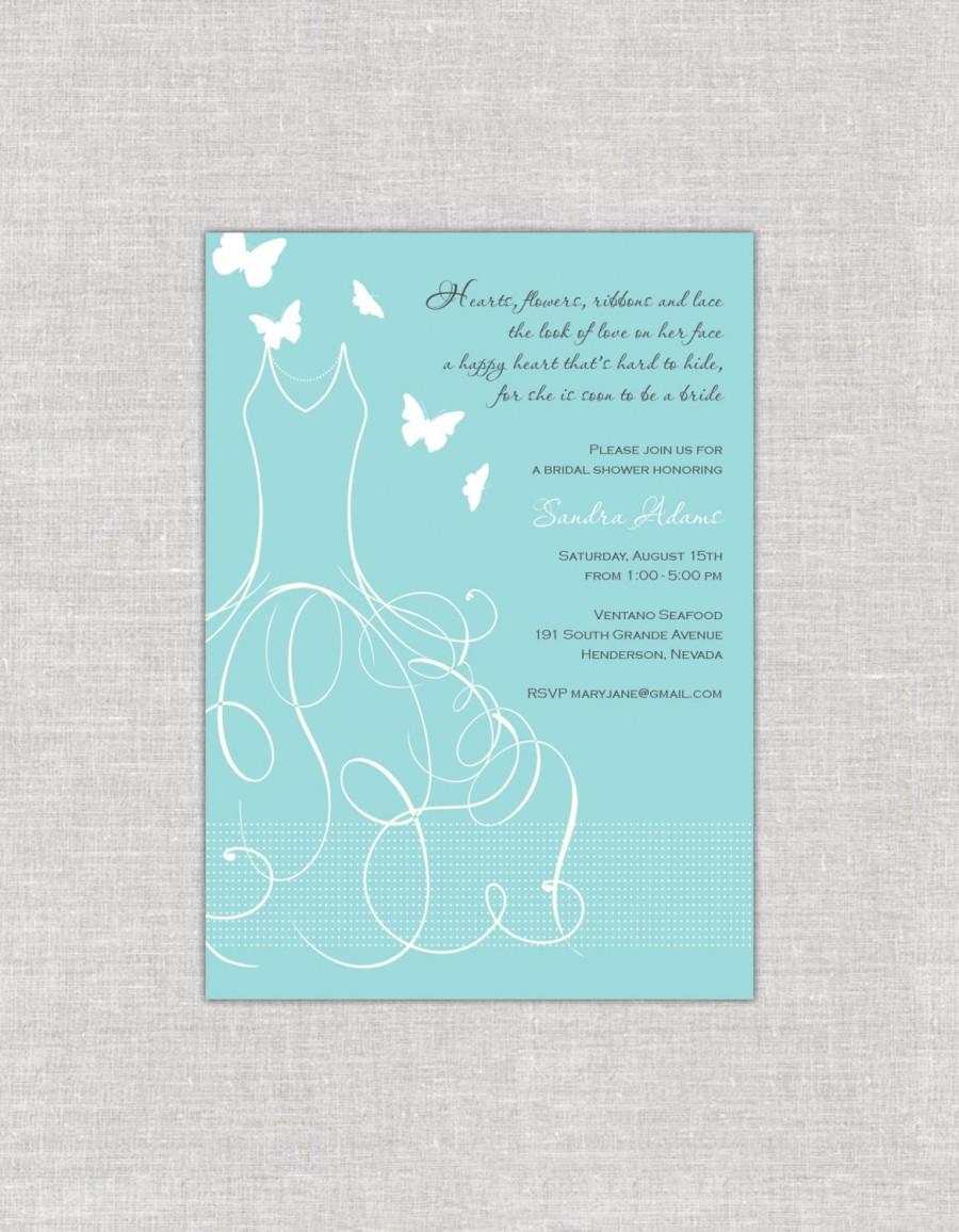 Свадьба - Turquoise Bridal Shower Invitation Whimsical Wedding Gown Flourish Elegant Dress Butterflies Pearls Cinderella Princess