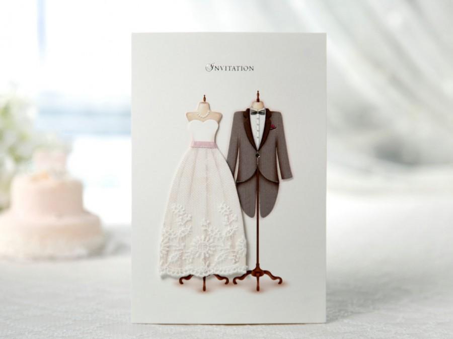 زفاف - Custom White Romantic Wedding Invitation 3D Fabric Lace Dress Tuxedo Card - SW3027 - RSVP with Envelopes Seals - Free Shipping Promotion