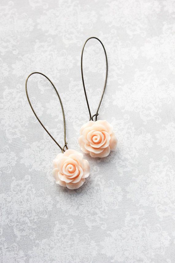 Wedding - Light Peach Rose Earrings Long Dangle Earrings Romantic Pastel Country Chic Bridesmaid Gift Flower Earrings Bridal Acessories Nickel Free