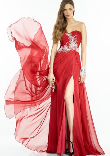 Hochzeit - Sweetheart Red Chiffon Floor Length Split Front Beading Lace Up Ruched