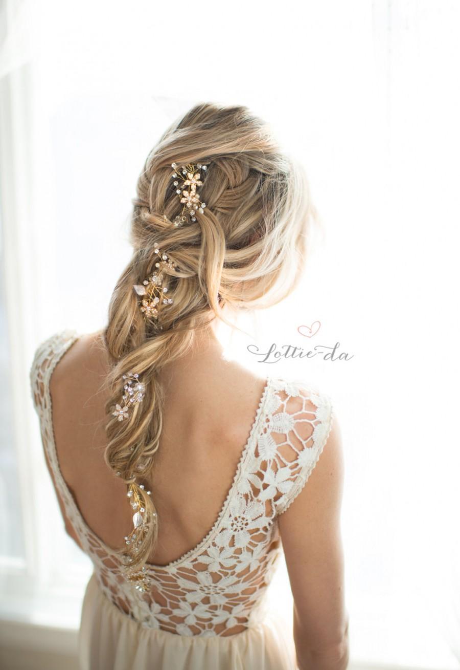 Hochzeit - Gold Boho Flower Crown Wedding Headpiece, Bridal Hair Vine, Hair Wreath, Wedding Pearl Hair Vine, Boho Headpiece - 'VIOLETTA LONG'