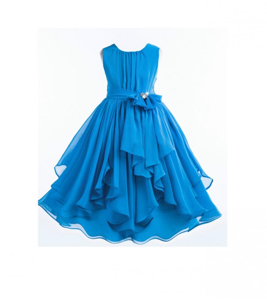 Mariage - Elegant Turquoise blue Yoryu Chiffon ruched bodice rhinestone Flower girl dress wedding birthday bridesmaid toddler size 4 6 8 9 10 12 
