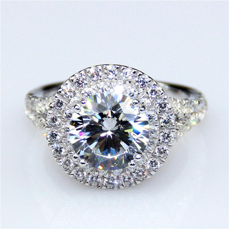زفاف - 1ct Round Charles&Colvard Moissanite Double Row Halo Style 14k White Gold Wedding Engagament Ring (CFR0036-CCMS1CT)