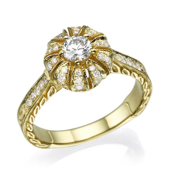 Mariage - Antique Engagement Ring, Art Deco Engagement ring, Wedding Ring, Milgrain Ring, Diamond ring, Unique engagement ring, Yellow Gold ring