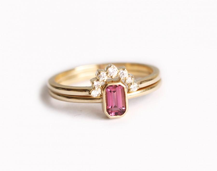Hochzeit - Engagement Ring Set, Tourmaline Ring With Diamond Crown Ring, Diamond Wedding Set with Pink Tourmaline Ring, Emerald Cut Ring, 18k Gold