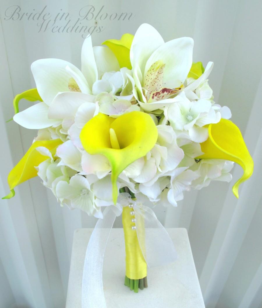 زفاف - Wedding bouquet Yellow real touch calla lily white orchid bouquet