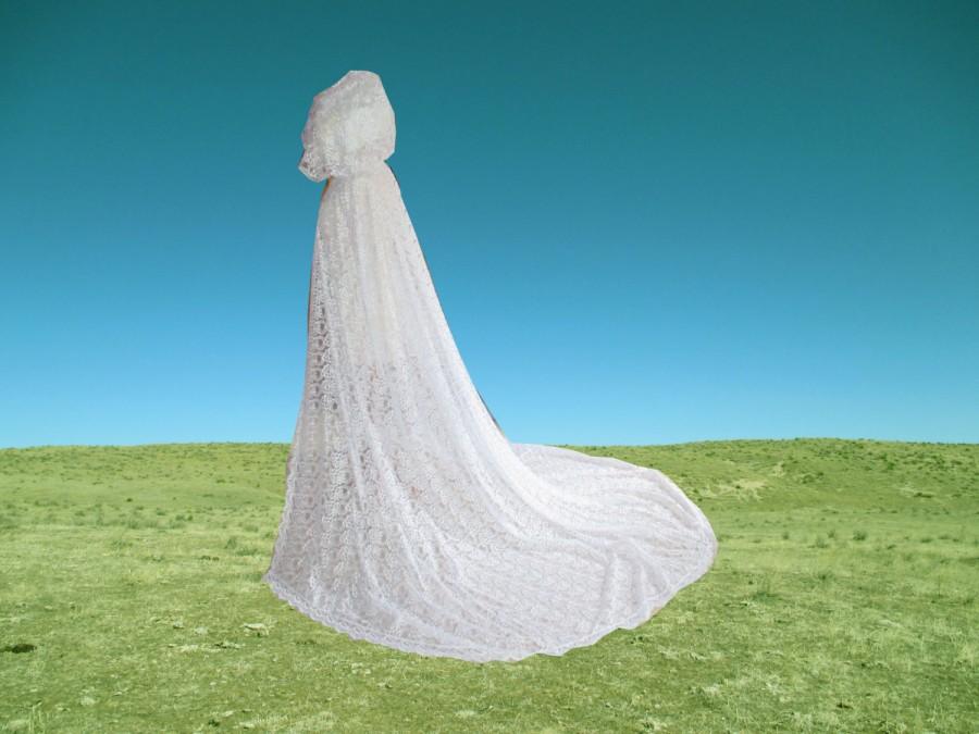 Wedding - White Lace Cape Cloak Hooded Wedding Cathedral Train Renaissance Medieval Renaissance