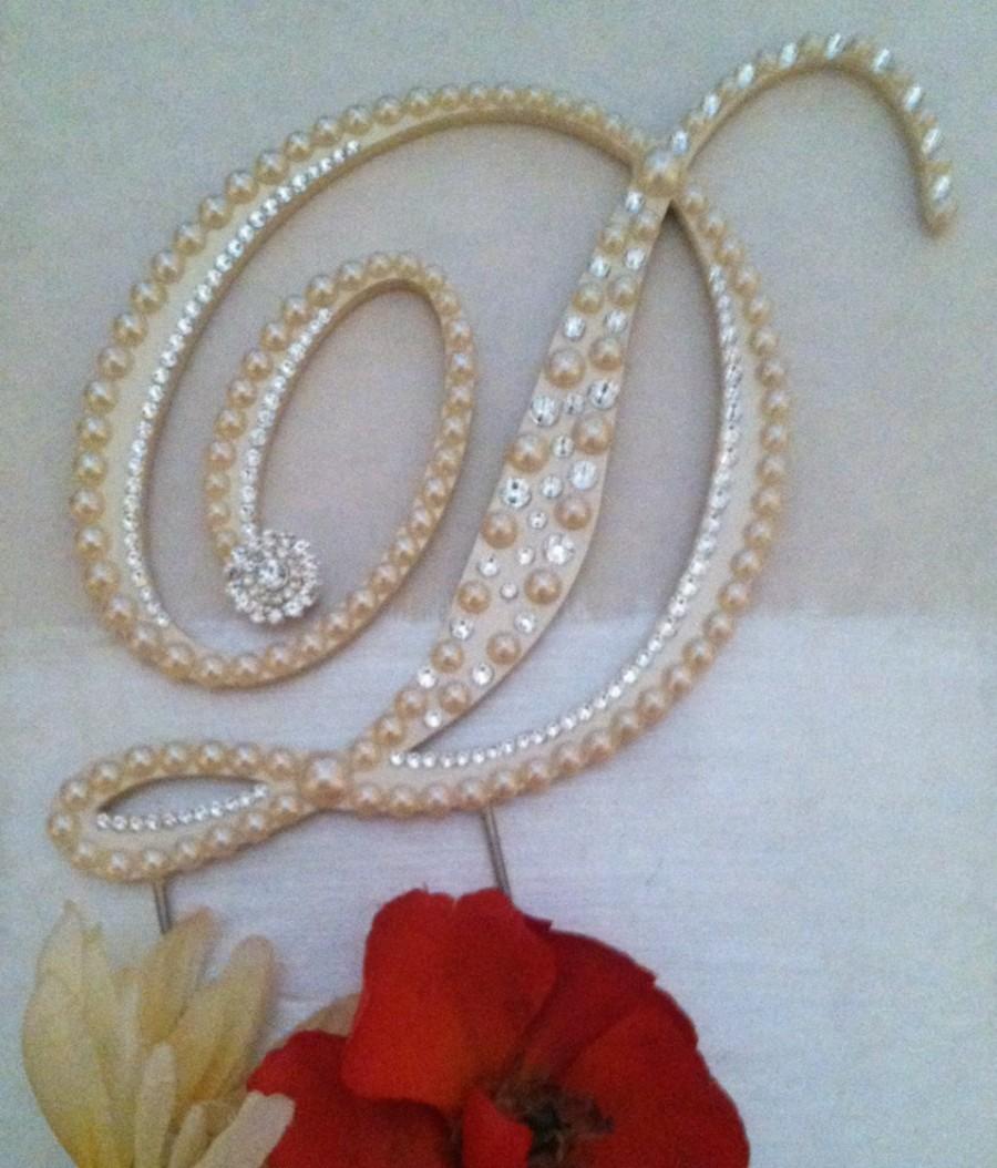 Mariage - Monogram Wedding Cake Topper Pearl Wedding Cake Topper with Swarovski Crystals Destination Wedding Letter D any letter