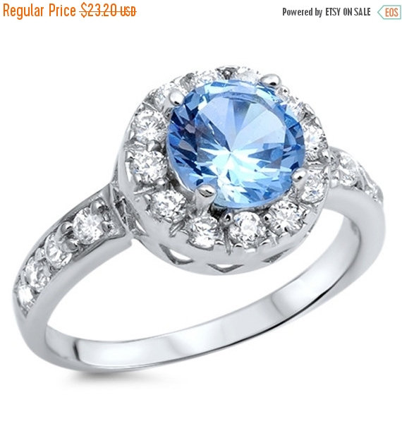 زفاف - 1.00 Carat Round Light Blue Aquamarine Russian Ice Diamond CZ Clear Swarovski Crystal 925 Sterling Silver Halo Wedding Engagement Ring Gift