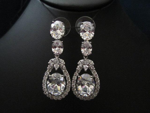 زفاف - 3 stone bridal earrings, wedding earrings, fasion, oval shape CZ cubic zirconia earrings, wedding jewelry, bridal jewelry
